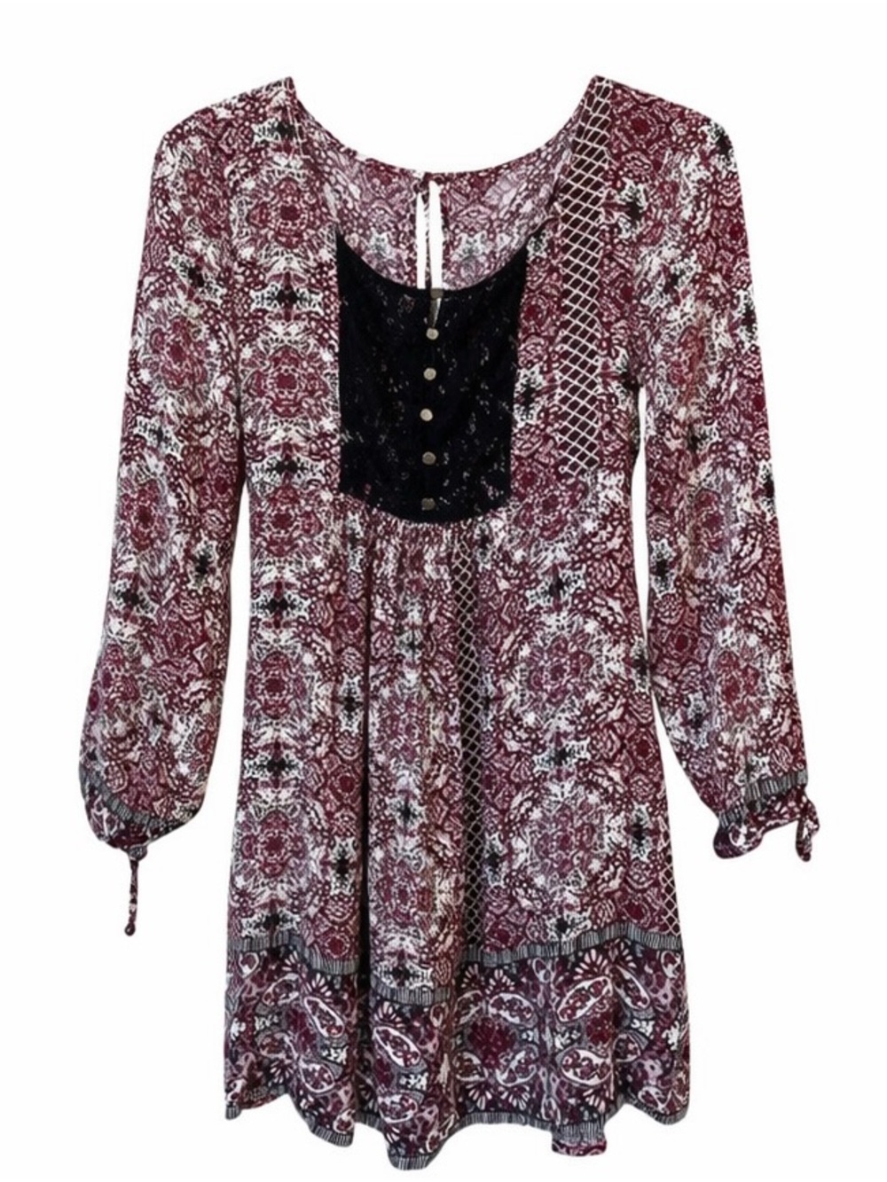 Boho Floral Mini Dress Burgundy Cottagecore Flowy Tie Back Medium - Picture 2 of 11